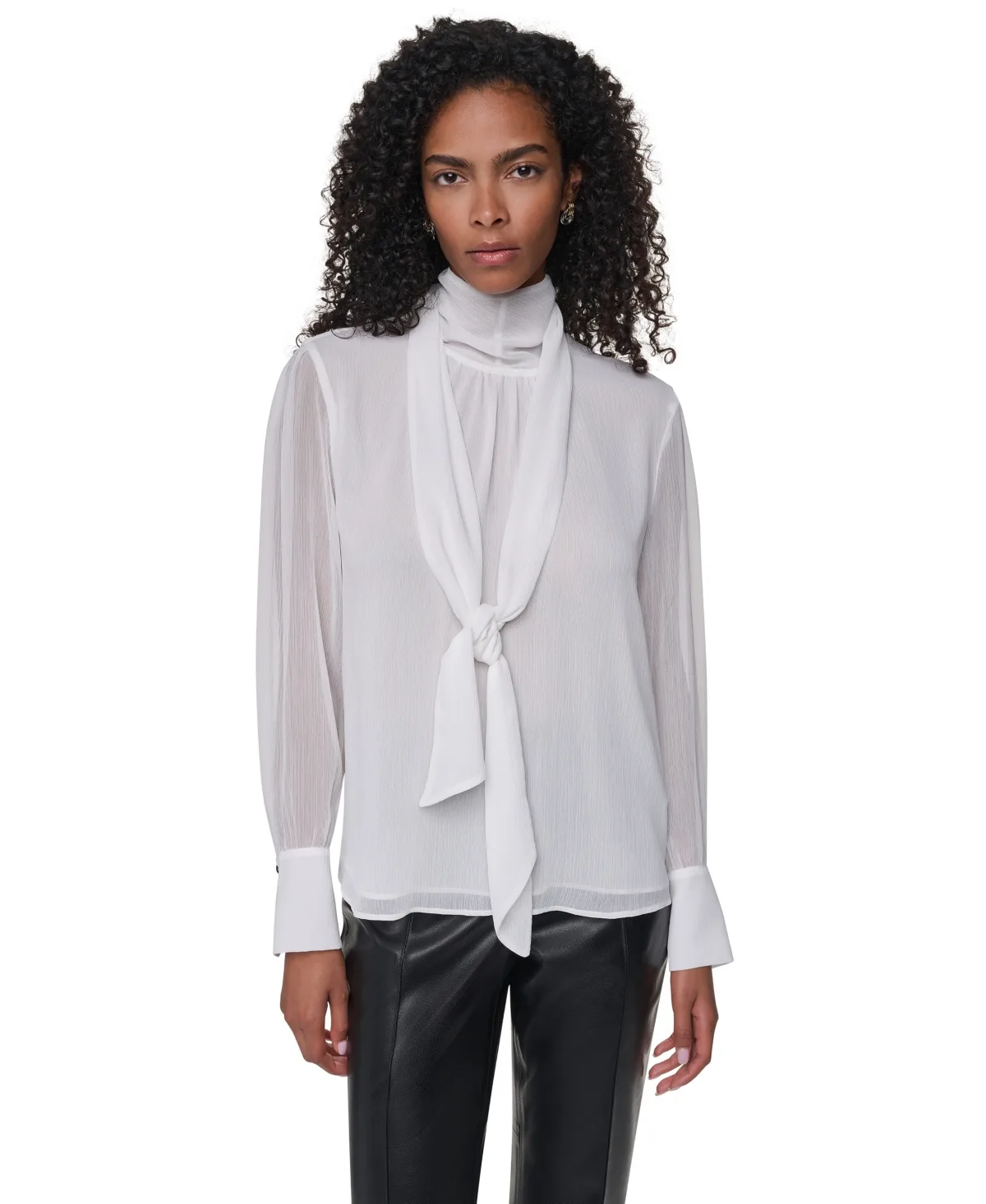 Mock Neck Woven Fitted Long-Sleeve Blouse