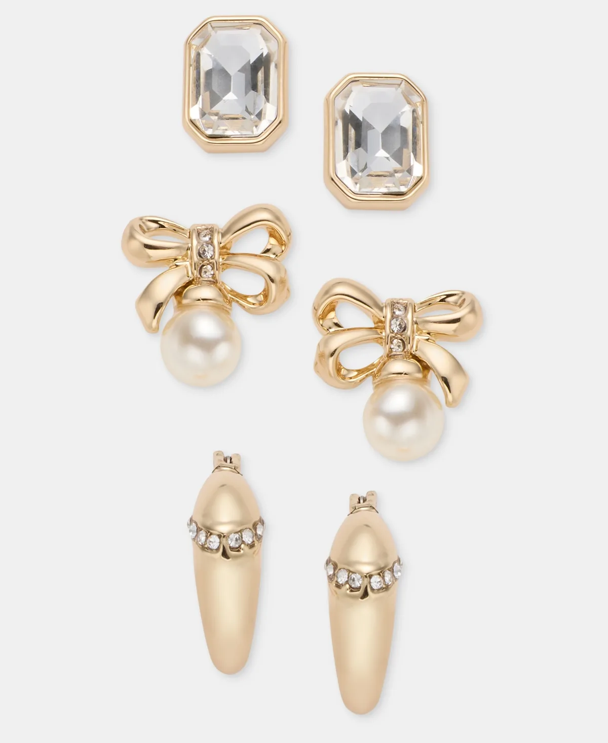 Gold-Tone Faux Pearl and Crystal Bow Trio Stud Earrings