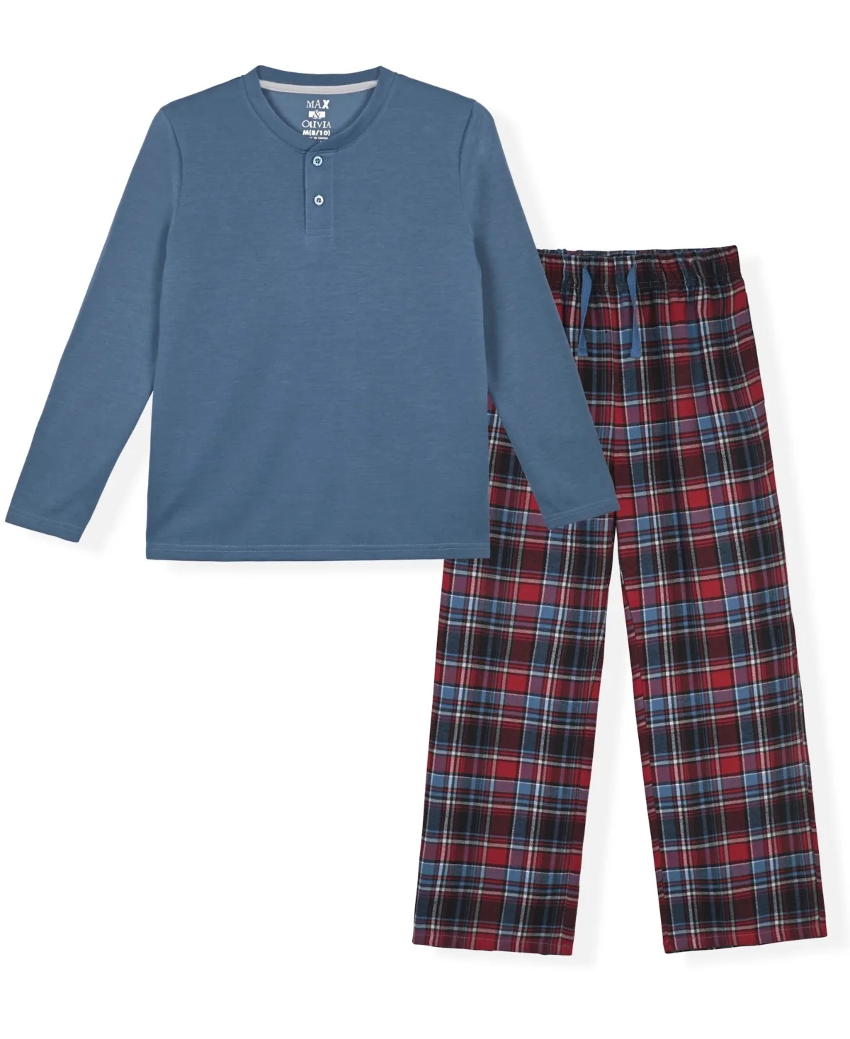 Long-Sleeve Henley Neck Top and Navy Woven Plaid Pants Pajama, 2-Piece Set by Max & Olivia