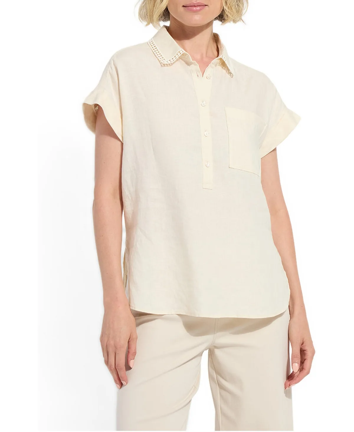 Althea Embroidered Collar Short-Sleeve Linen Shirt by Lysse