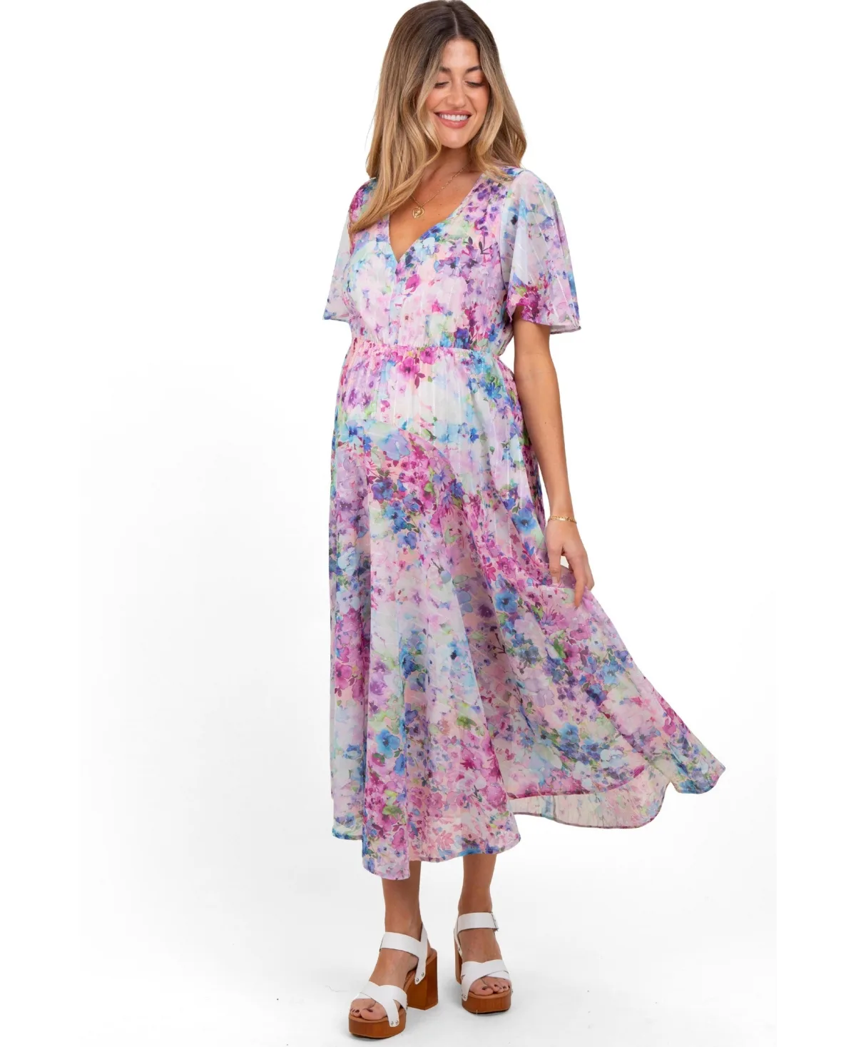 Floral Flutter Sleeve Maternity Midi Dress by PinkBlush