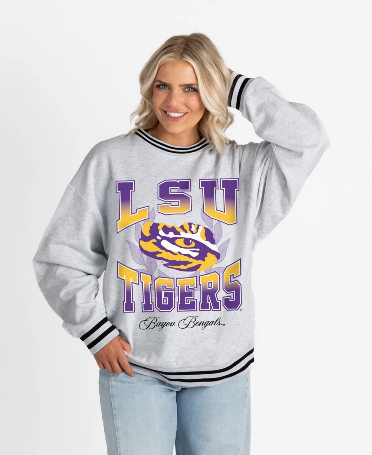 LSU Tigers Fade Route Oversized Striped Sweatshirt by Gameday Couture