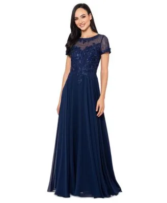 Boat Neck Sequin Mesh Gown by Xscape