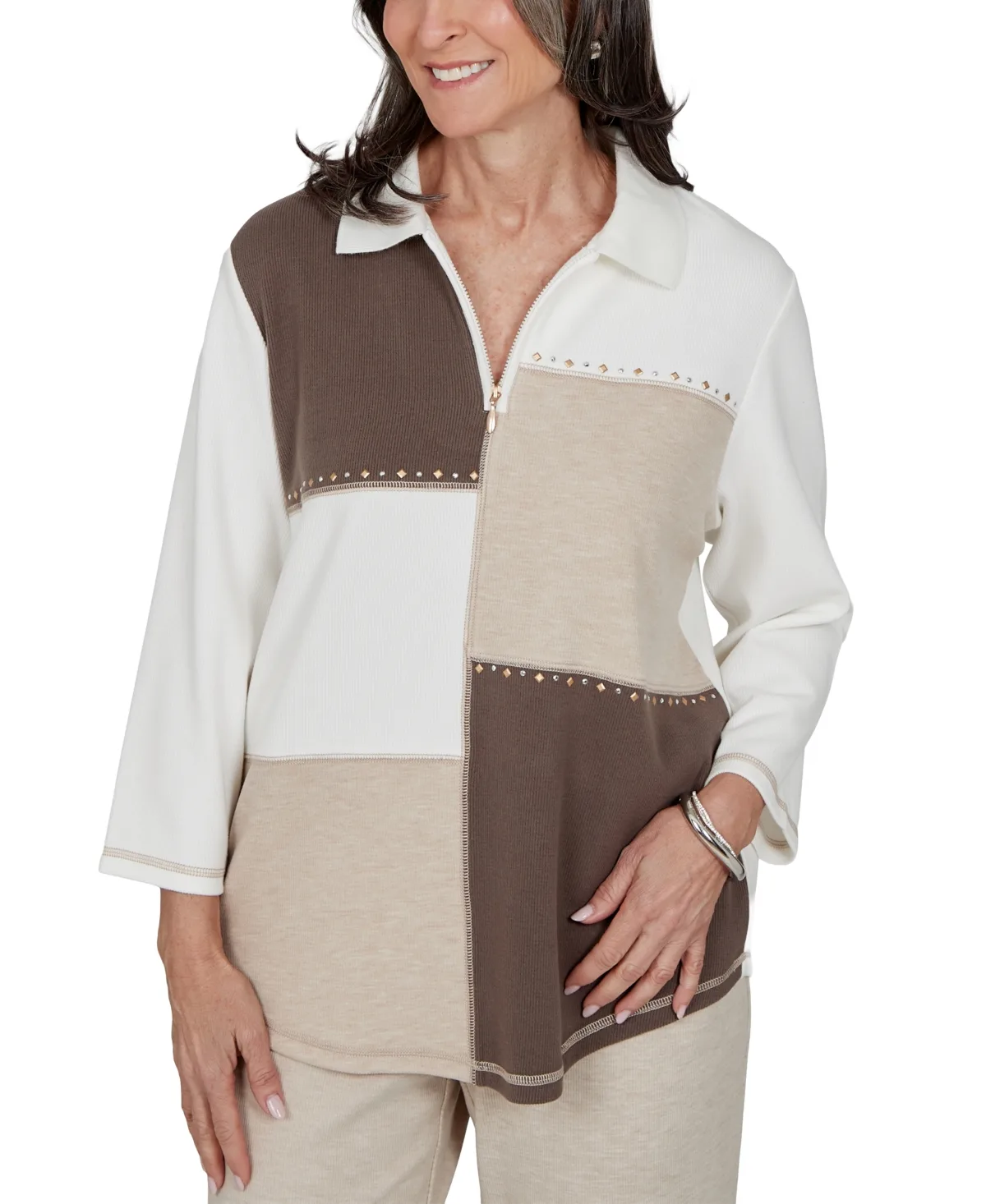 Half-Zip 3/4-Sleeve Colorblock Pullover Sweater by Alfred Dunner
