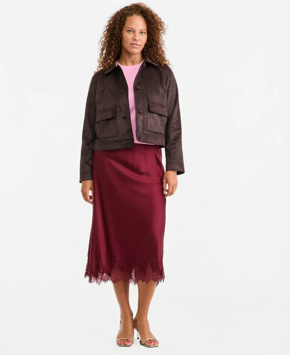 High-Waisted Midi Lace-Trim Skirt by On 34th