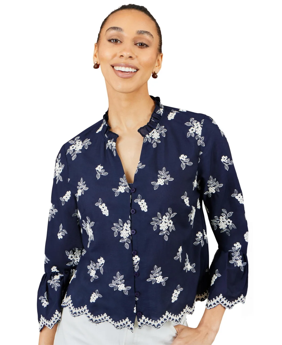 Fluted Sleeves V-Neck Shirt by Yumi