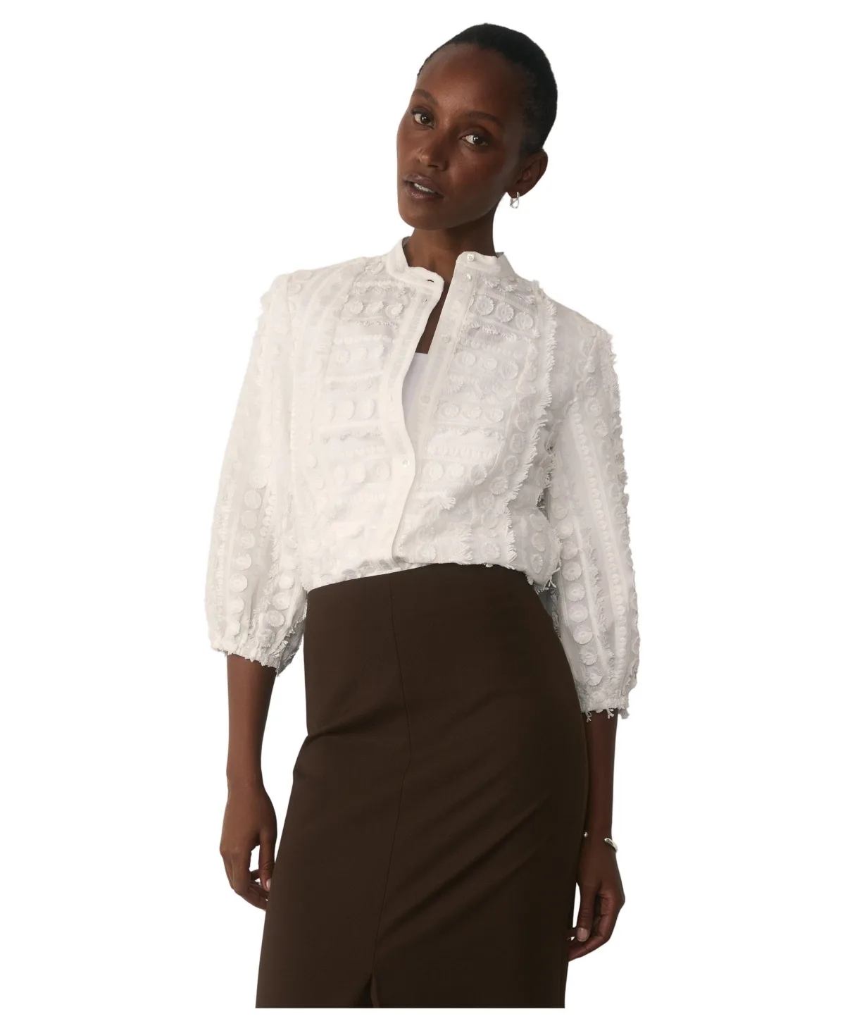 Nola Mandarin Collar 3/4-Sleeve Textured-Embroidery Blouse by The Fold