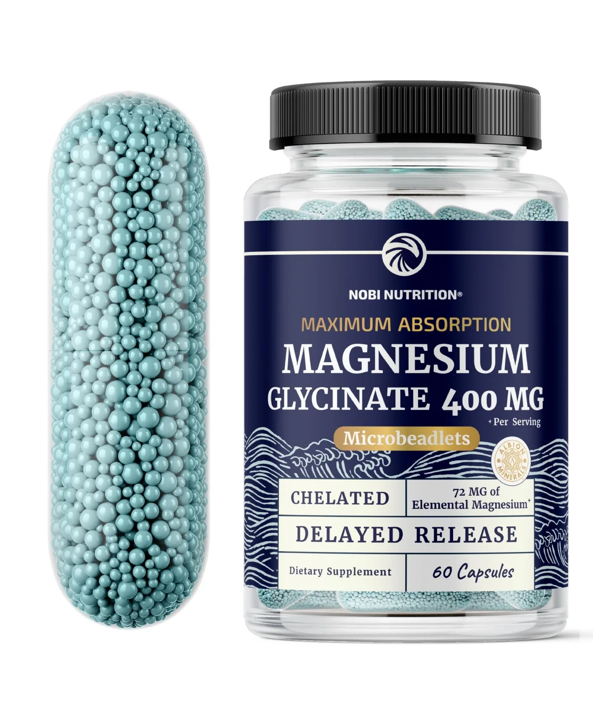Nobi Nutrition Magnesium Glycinate 400mg Chelated Magnesium Bisglycinate Advanced Microbeadlet Capsules Traacs Magnesium Glycinate 60 Count by Nobi Nutrition