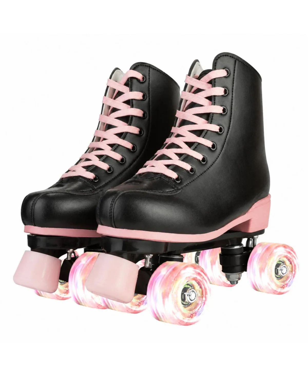 Magicorange Black Pu Leather Roller Skates with Pink Light Up Wheels for Indoor Outdoor Use by Magicorange