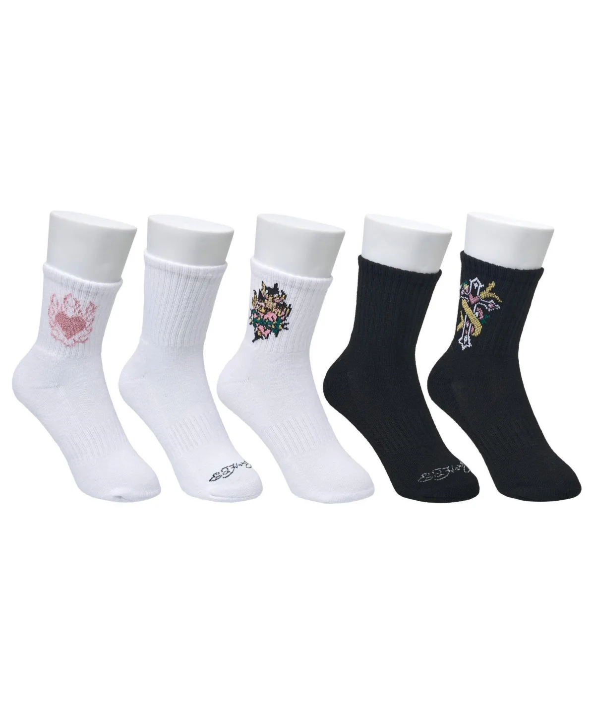 Flowery Cross Print Arch Support Half-Cushion Crew Socks, 5-Pack by Ed Hardy