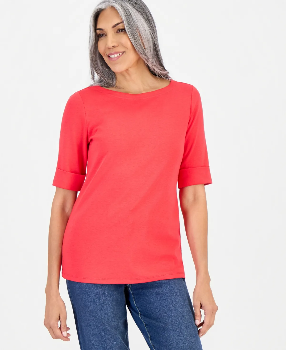 Cotton Elbow-Sleeve Boat-Neck Top