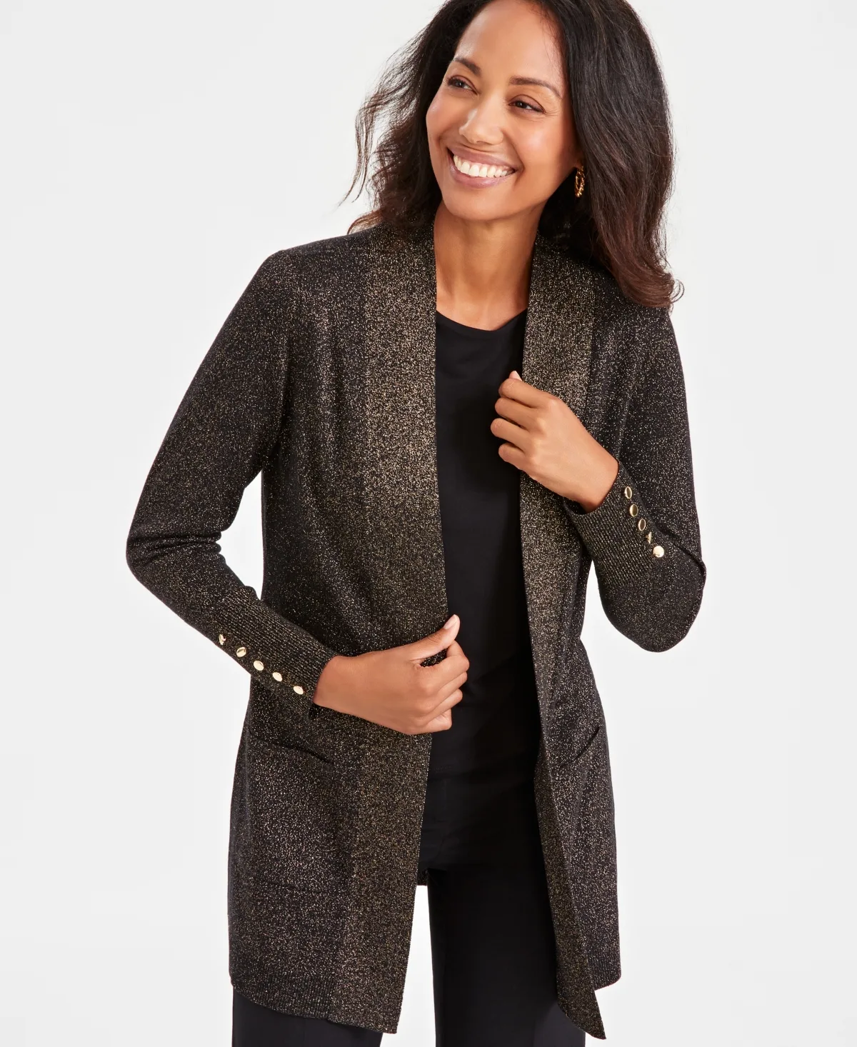 Open-Front Buttoned-Cuff Cardigan by JM Collection