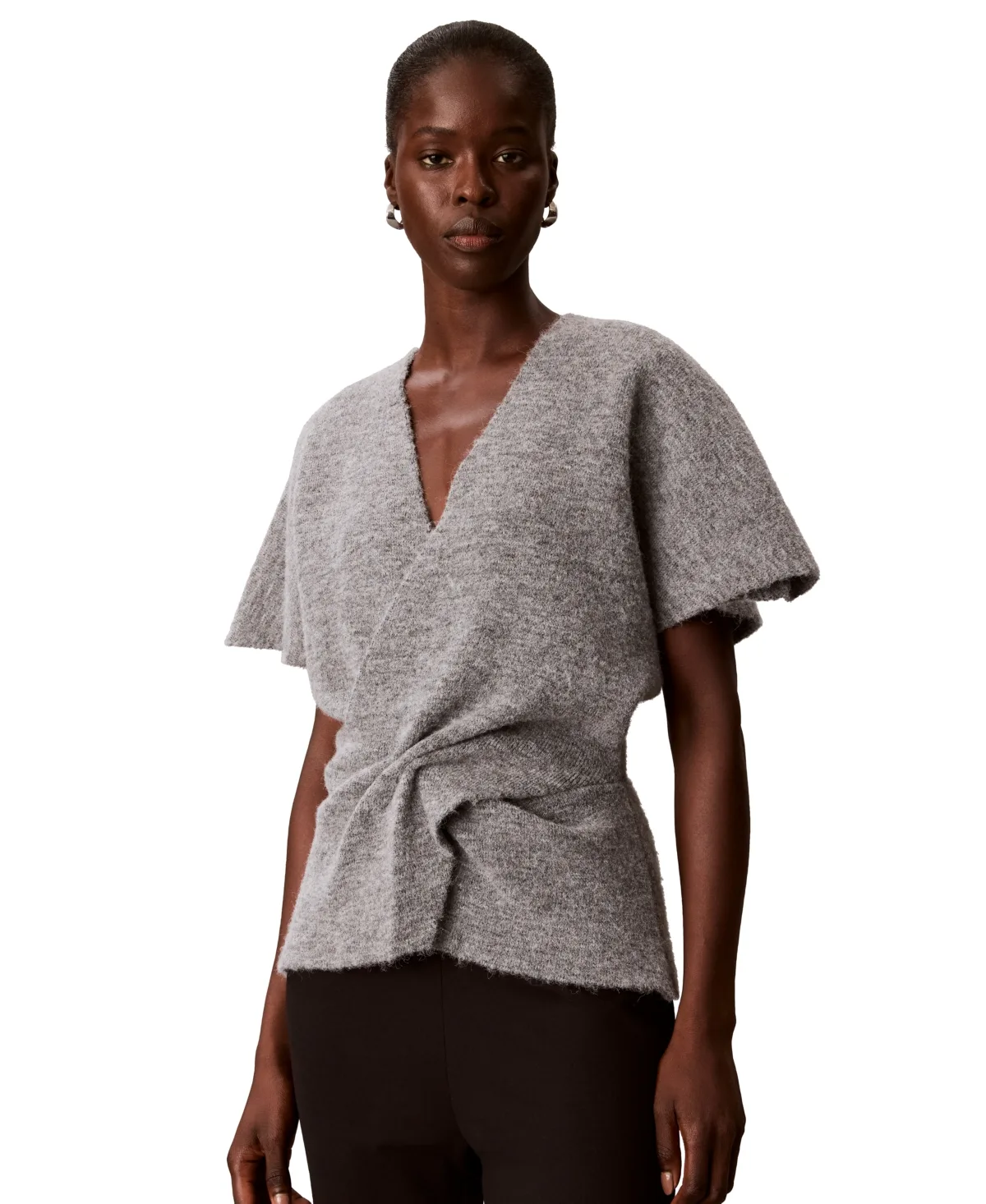 Twist-Knot V-Neck Short-Sleeve Fitted Sweater by Calvin Klein