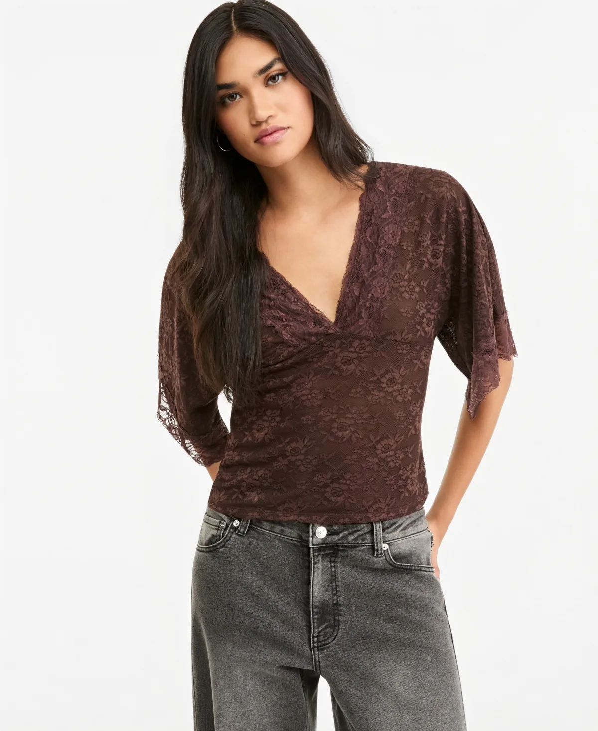 Dolman-Sleeve V-Neck Lace Blouse