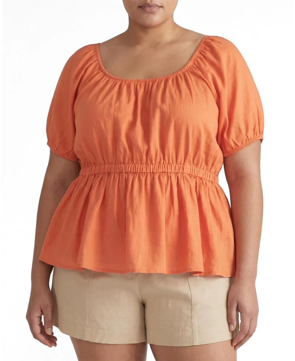 Andrea Linen-Blend Short-Sleeve Peplum Top