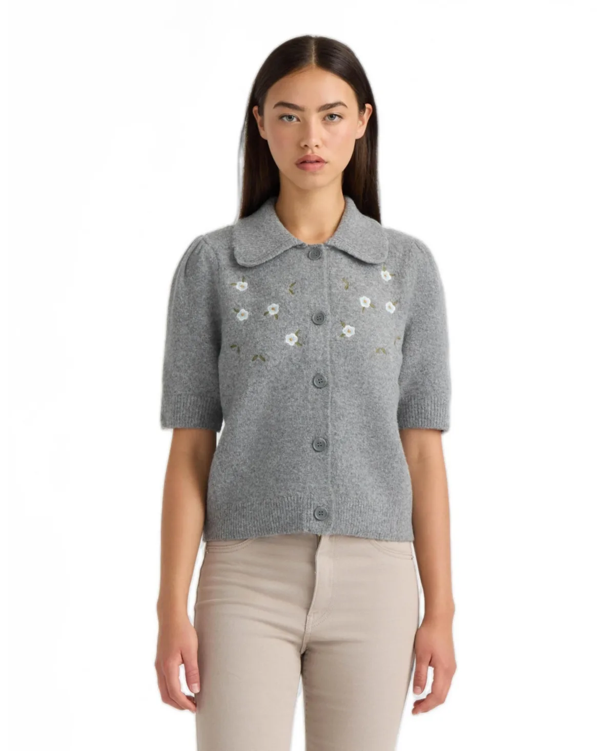 Floral Embroidery Short Puff Sleeve Cardigan by Macy's