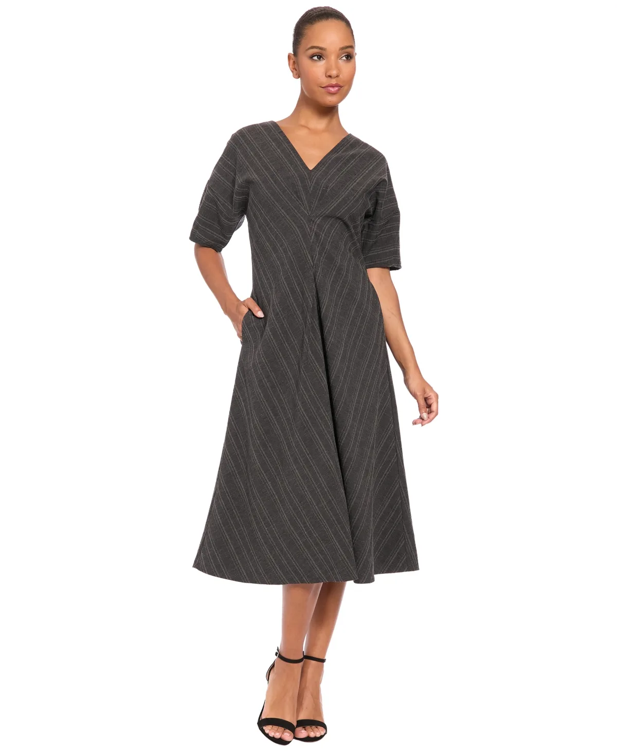 3/4 Puff-Sleeve V-Neck Striped Fit-and-Flare Midi Dress by Luxely