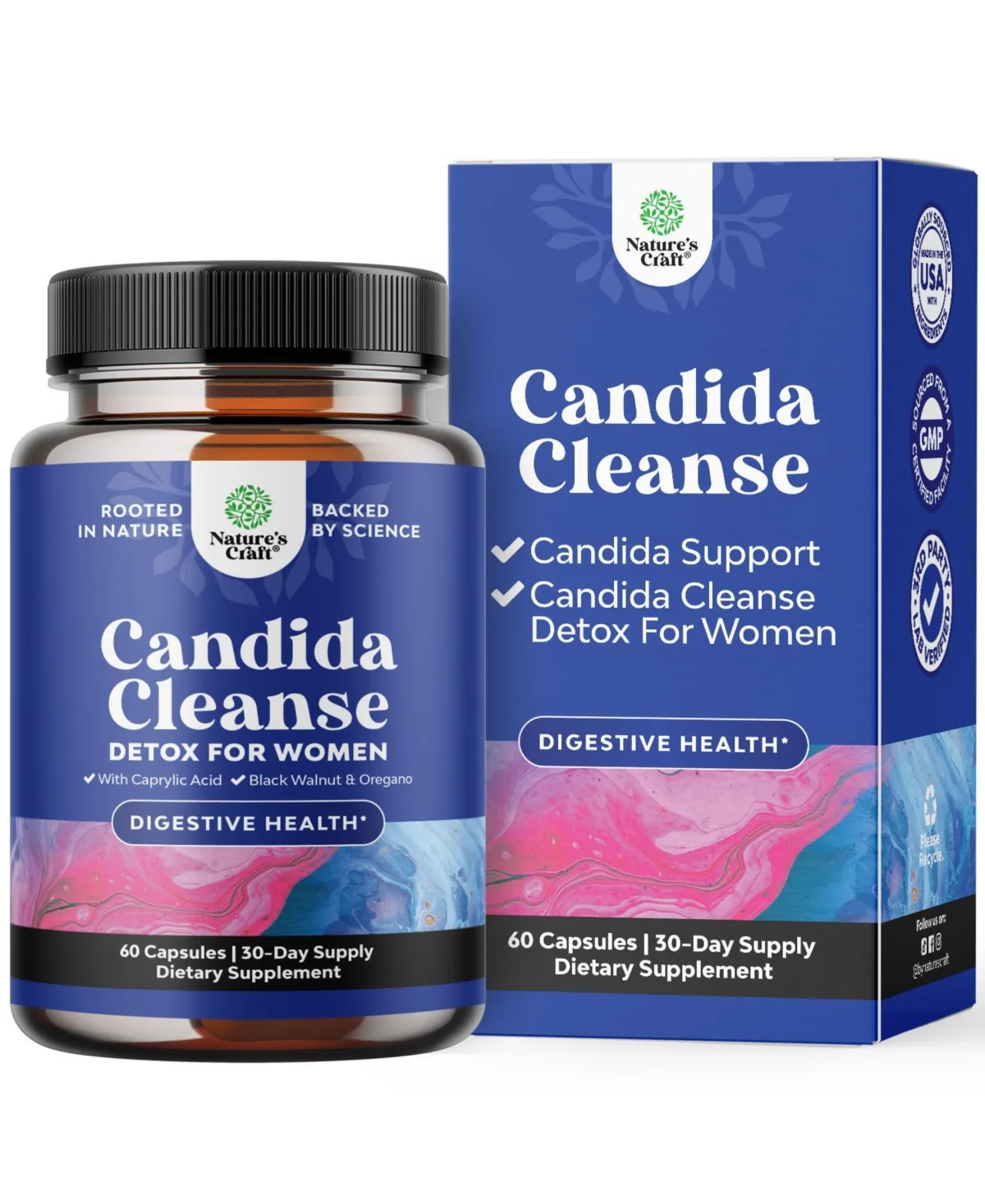 Candida Herbal Supplement with Caprylic Acid, Black Walnut, Wormwood and Oregano - Prebiotic and Probiotic Blend - 60 Count by Natures Craft