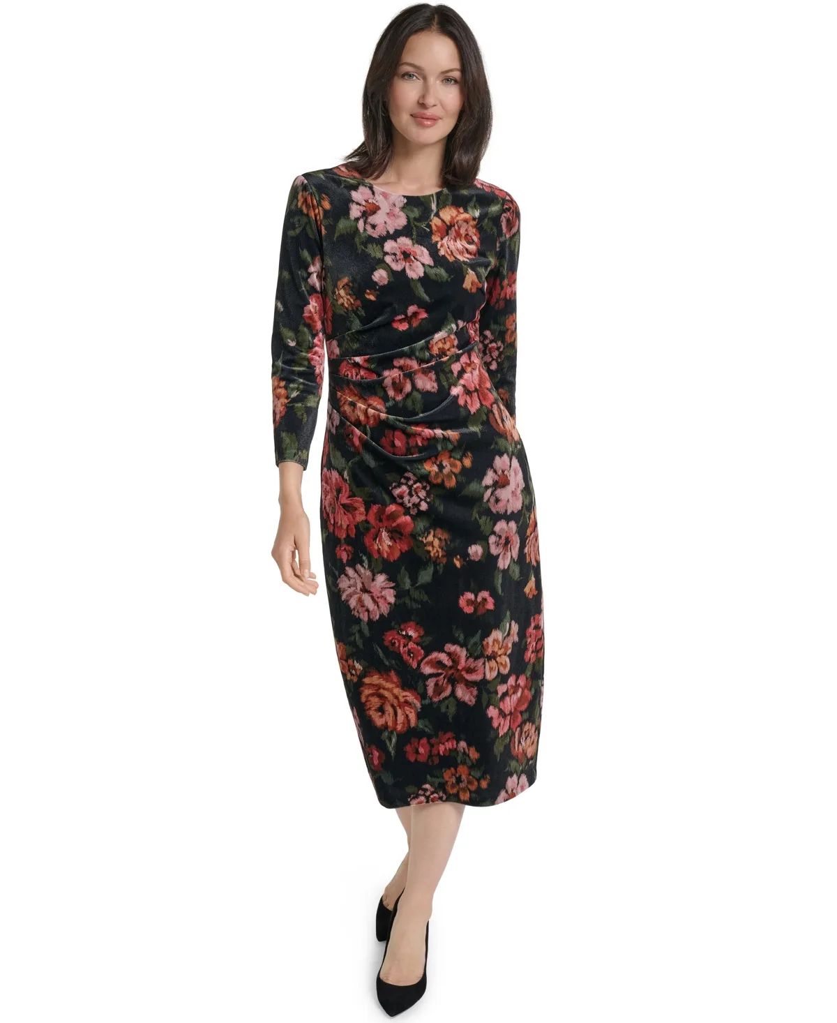 Floral-Print Velvet Midi Dress