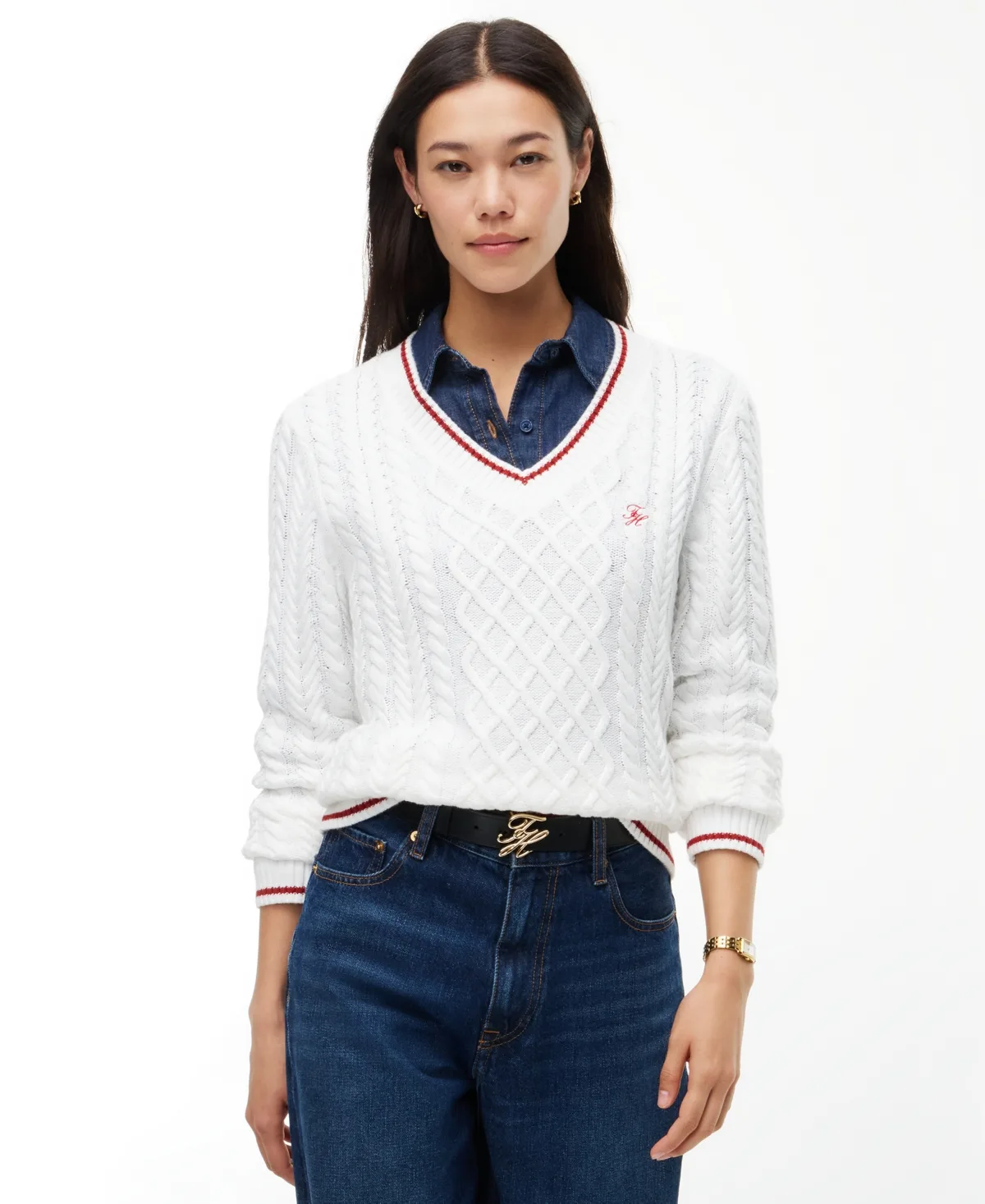 Cable-Knit V-Neck Sweater