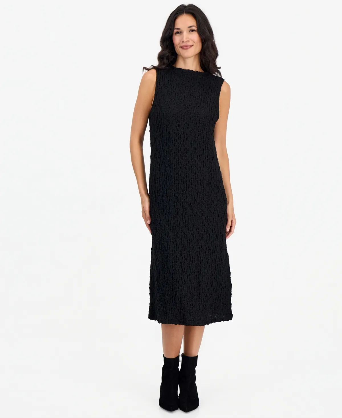 Funnel-Neck Textured Midi Dress