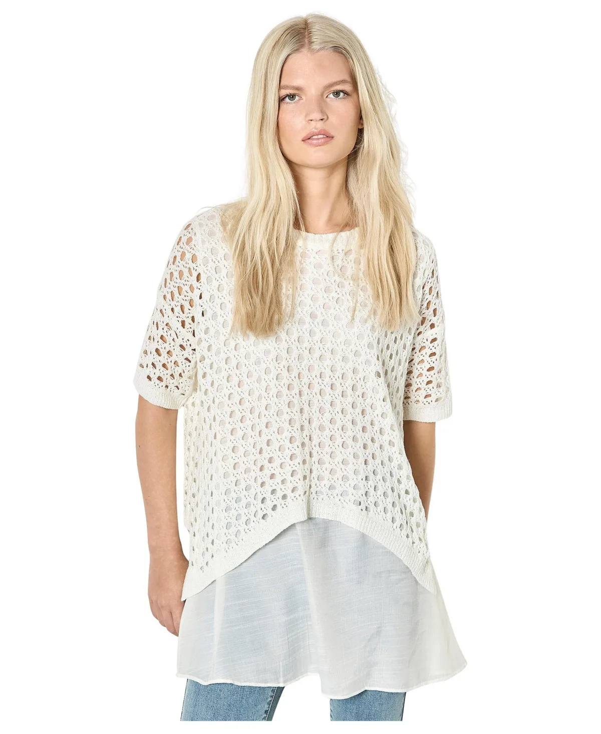 Layered Knit Mesh Button-Down Tunic by Apricot