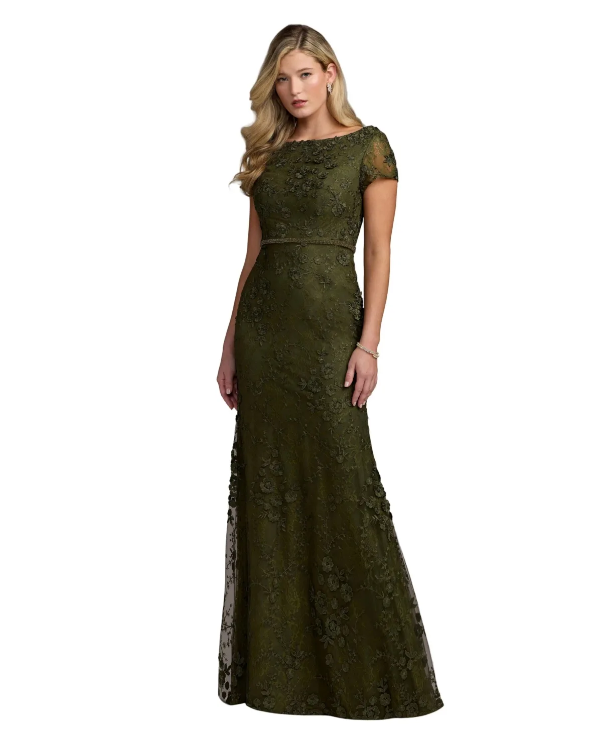 Floral Applique Boat Neck Short Sleeve Gown by M.A.C.