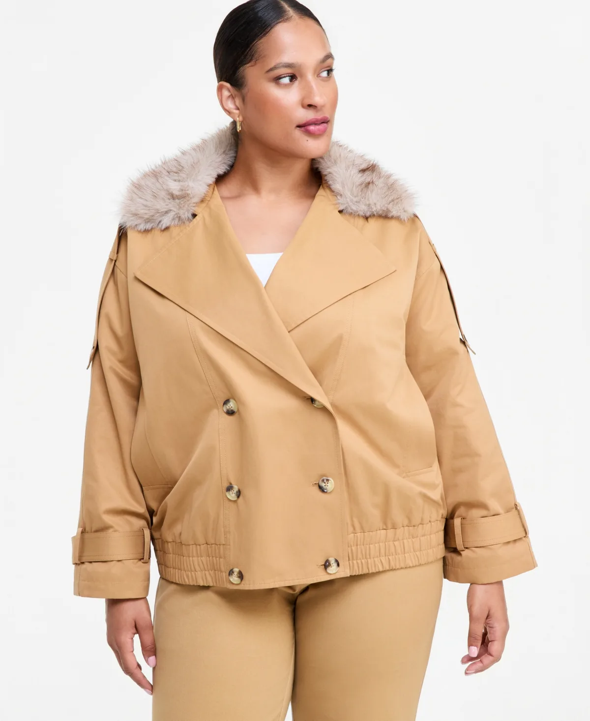 Double-Breasted Removable Faux-Fur Collar Bomber Jacket by INC International Concepts