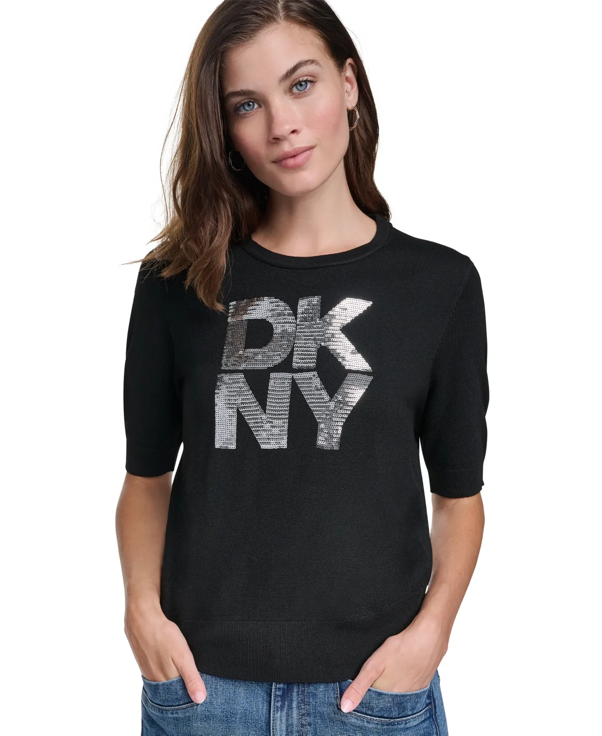 Jeans Sequin Elbow-Sleeve Sweater by DKNY