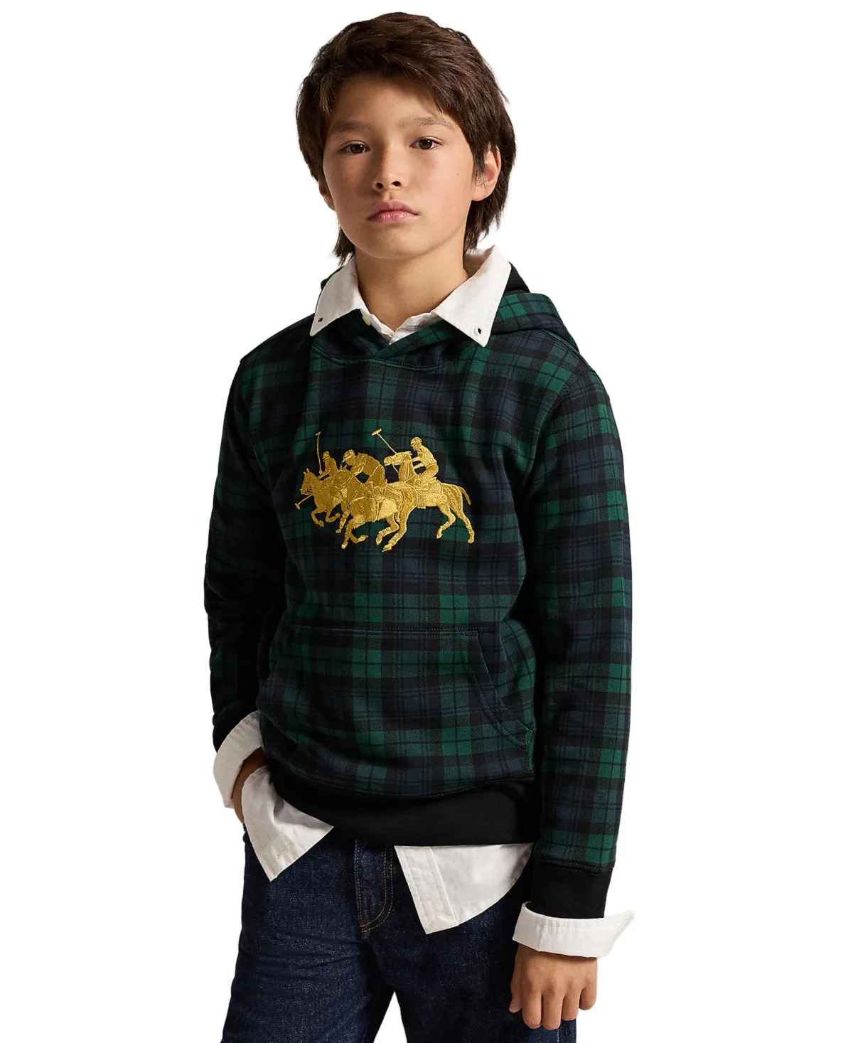 Triple-Pony Fleece Plaid Kangaroo-Pocket Hoodie by Polo Ralph Lauren