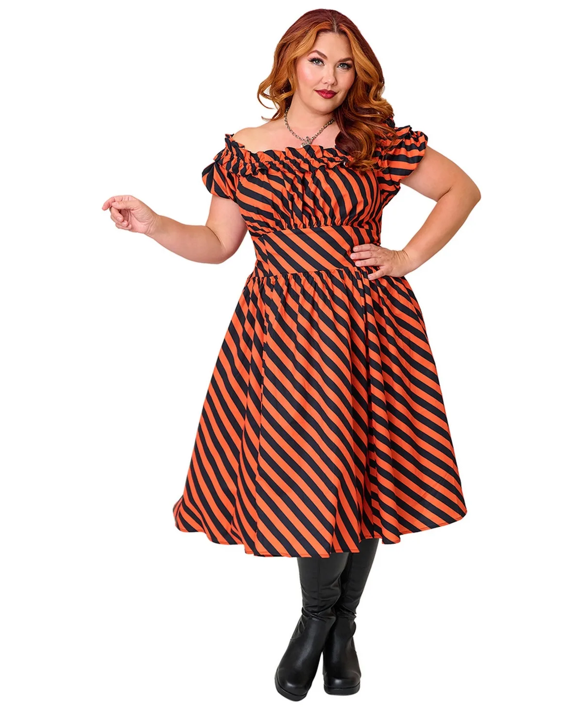 1950s Off the Shoulder Ruffle Swing Dress by Unique Vintage