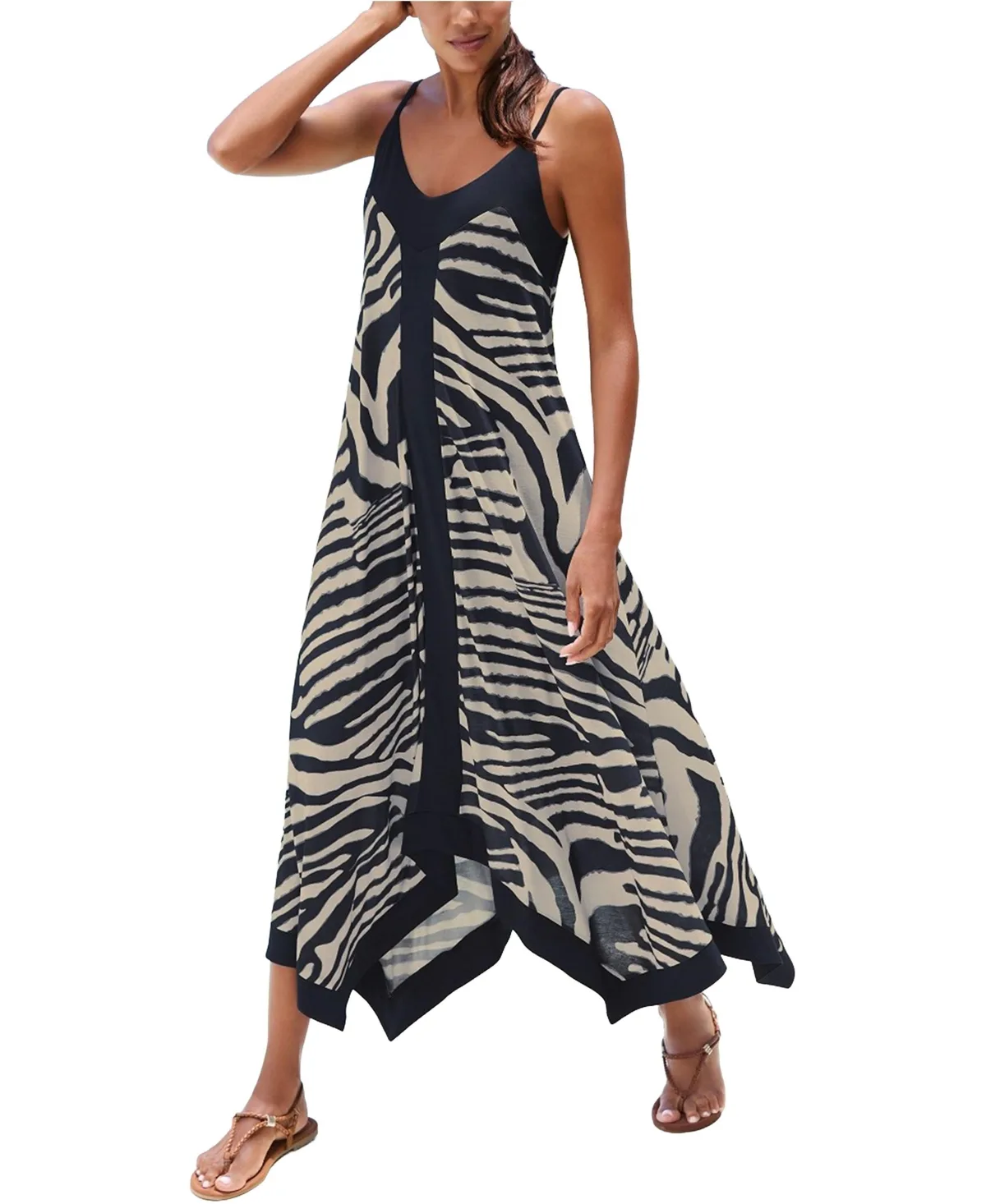 Viscose Animal Print Color Block Trim V-Neck Midi Dress
