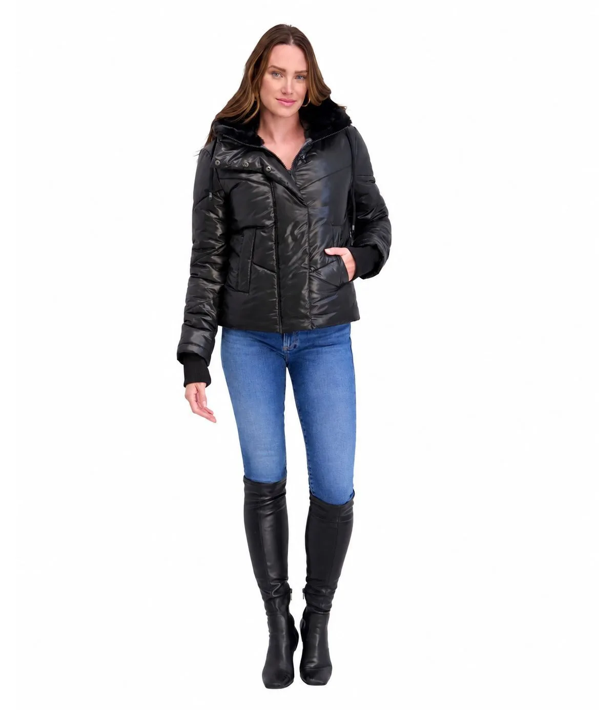 Kensie Puffer Jacket with Faux Fur Hood Detail and Rib Knit Storm Cuffs by Kensie