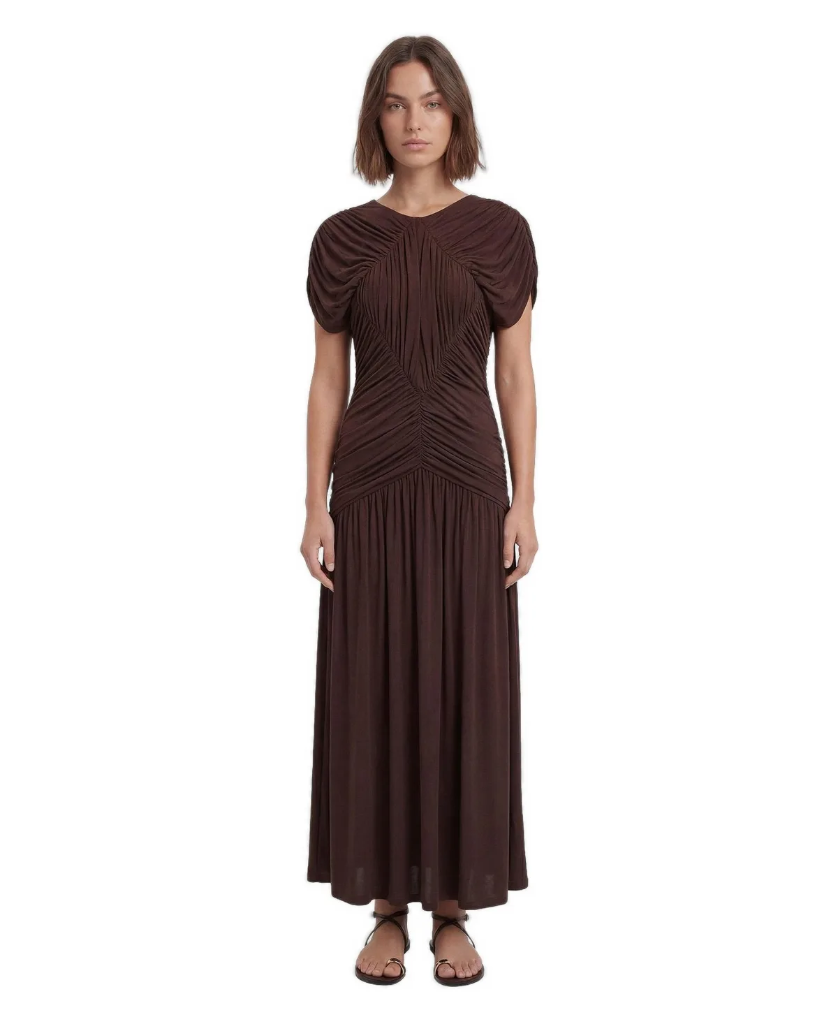 Karen Millen Short-Sleeve Open Back Ruched Jersey Maxi Dress