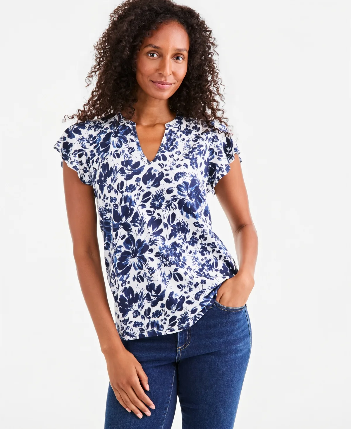 Printed V-Neck Flutter-Sleeve Knit by Style & Co