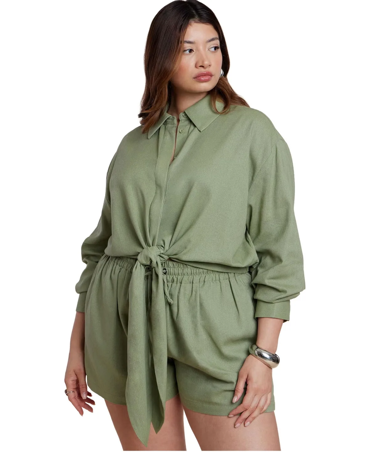 Waist Tie Cropped Long-Sleeve Linen-Blend Button-Up Shirt by Eloquii