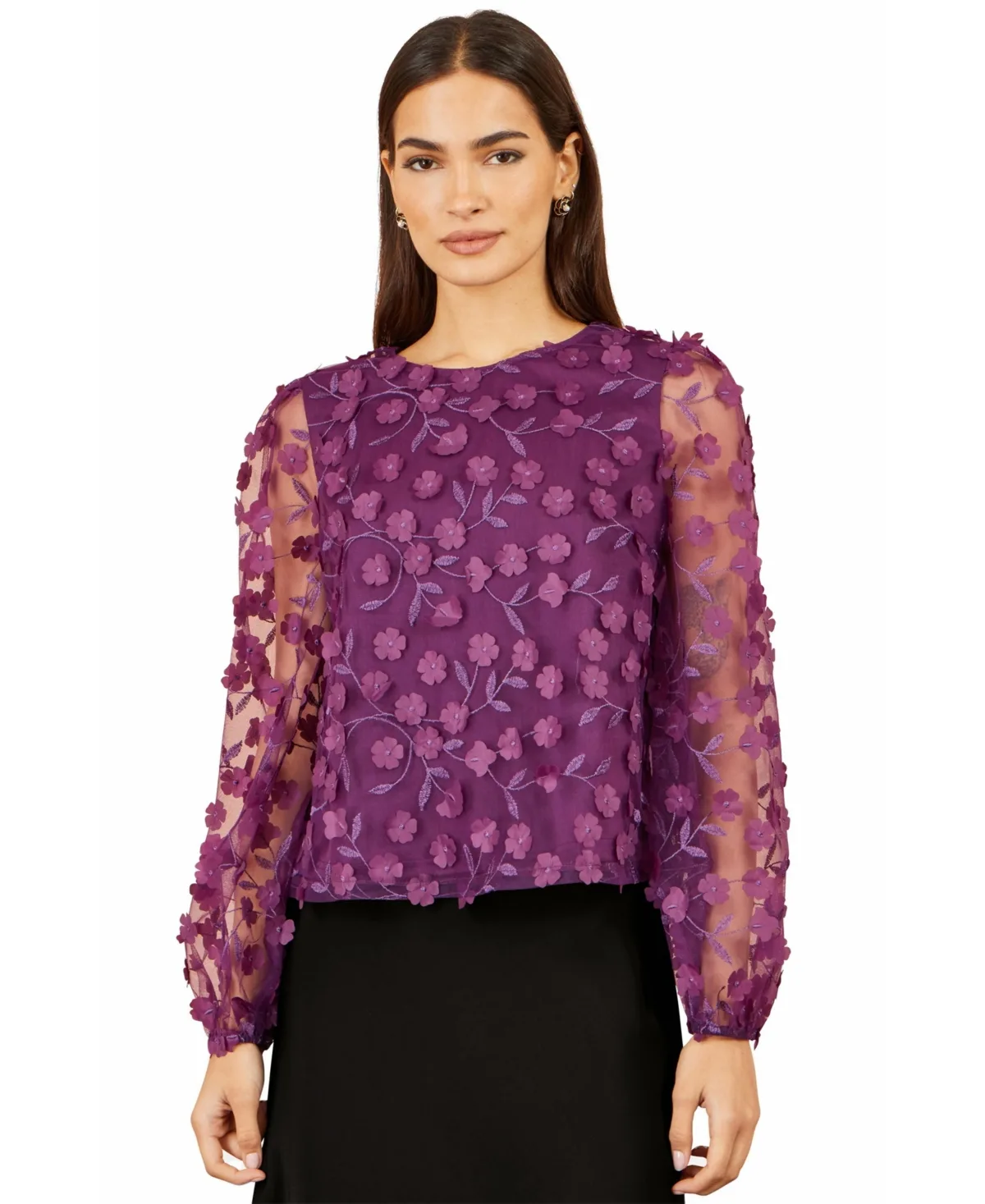 Floral Applique Sheer Long-Sleeve Blouse by Yumi
