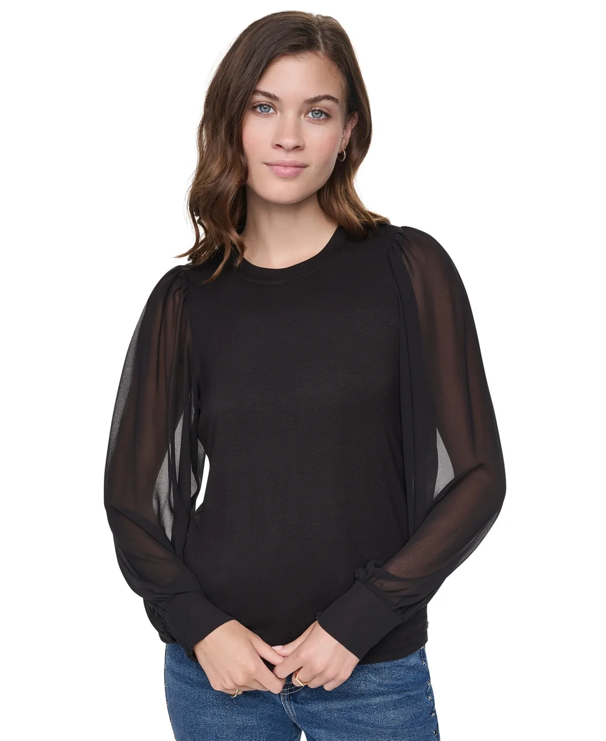 Dkny Jeans Mixed-Media Long-Sleeve Crewneck Blouse