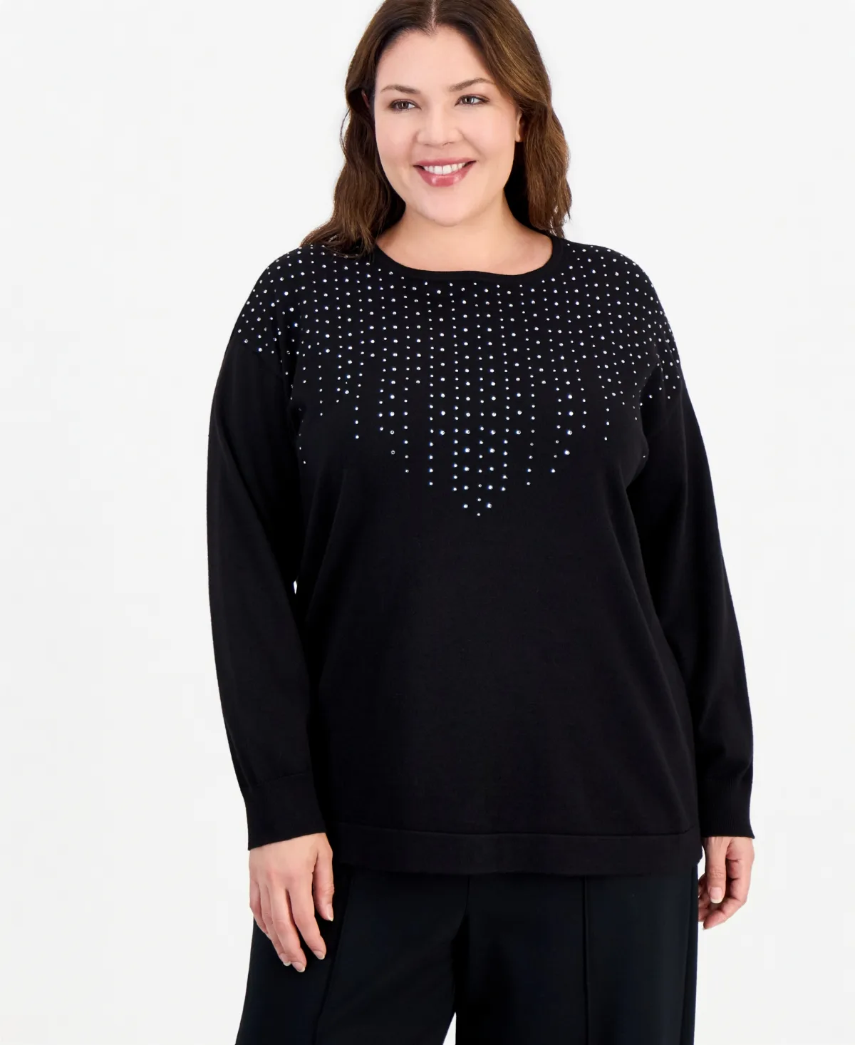 Essentials Long-Sleeve Boat Neck Embellished Sweater by Anne Klein