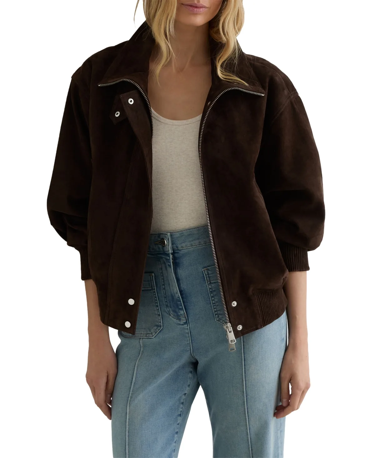 Cara Suede Funnel-Neck Bomber Jacket by Reiss