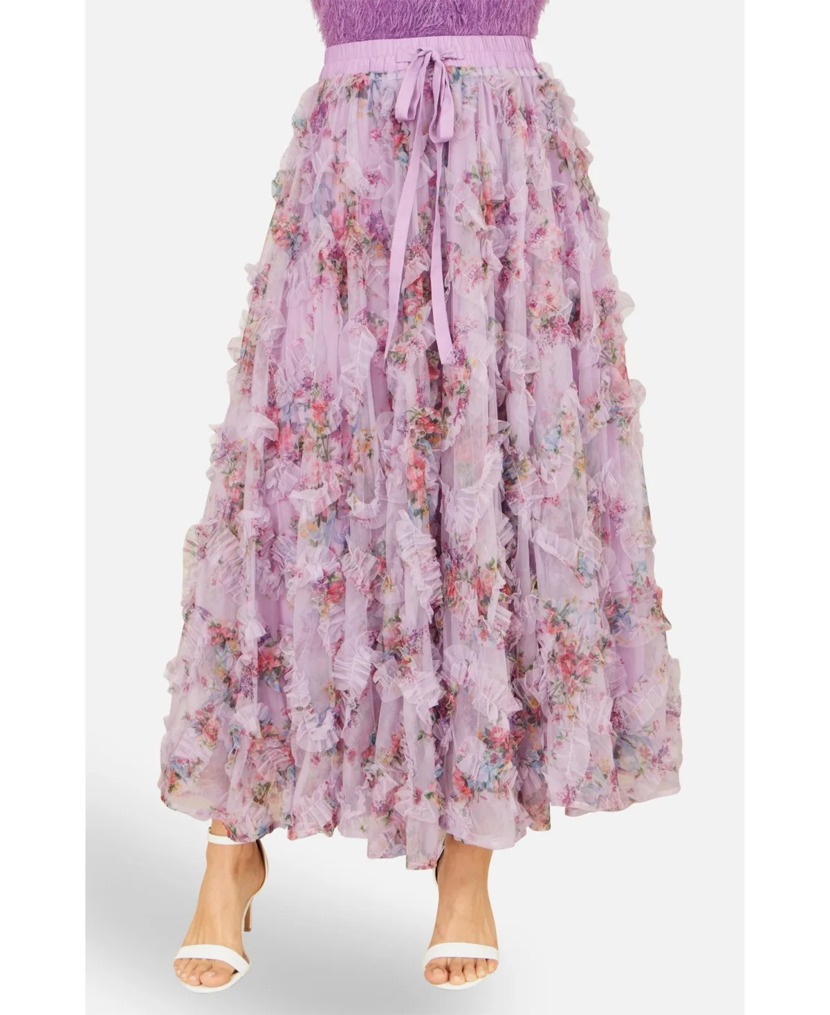 Floral Ruffle Mesh Midi Skirt