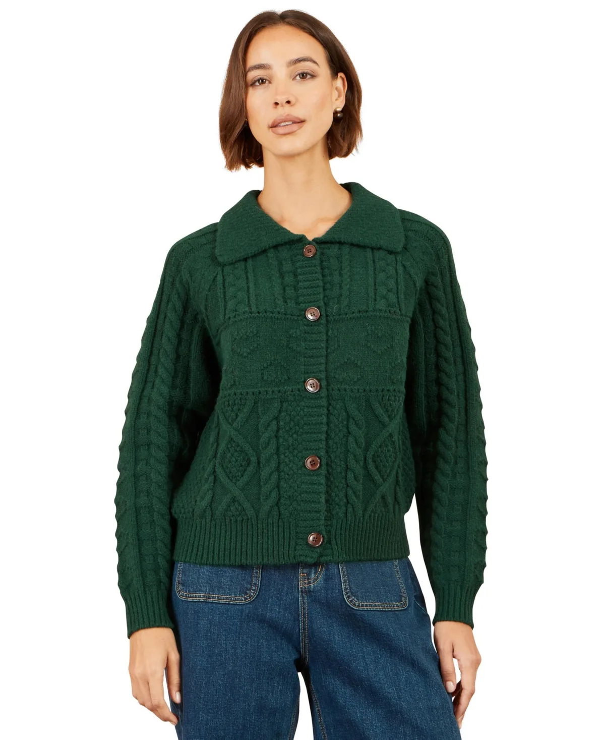 Collard Cable Knit Boxy Cardigan by Yumi