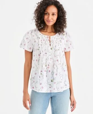 Printed Cotton Pintuck Flutter Sleeve Top by Style & Co