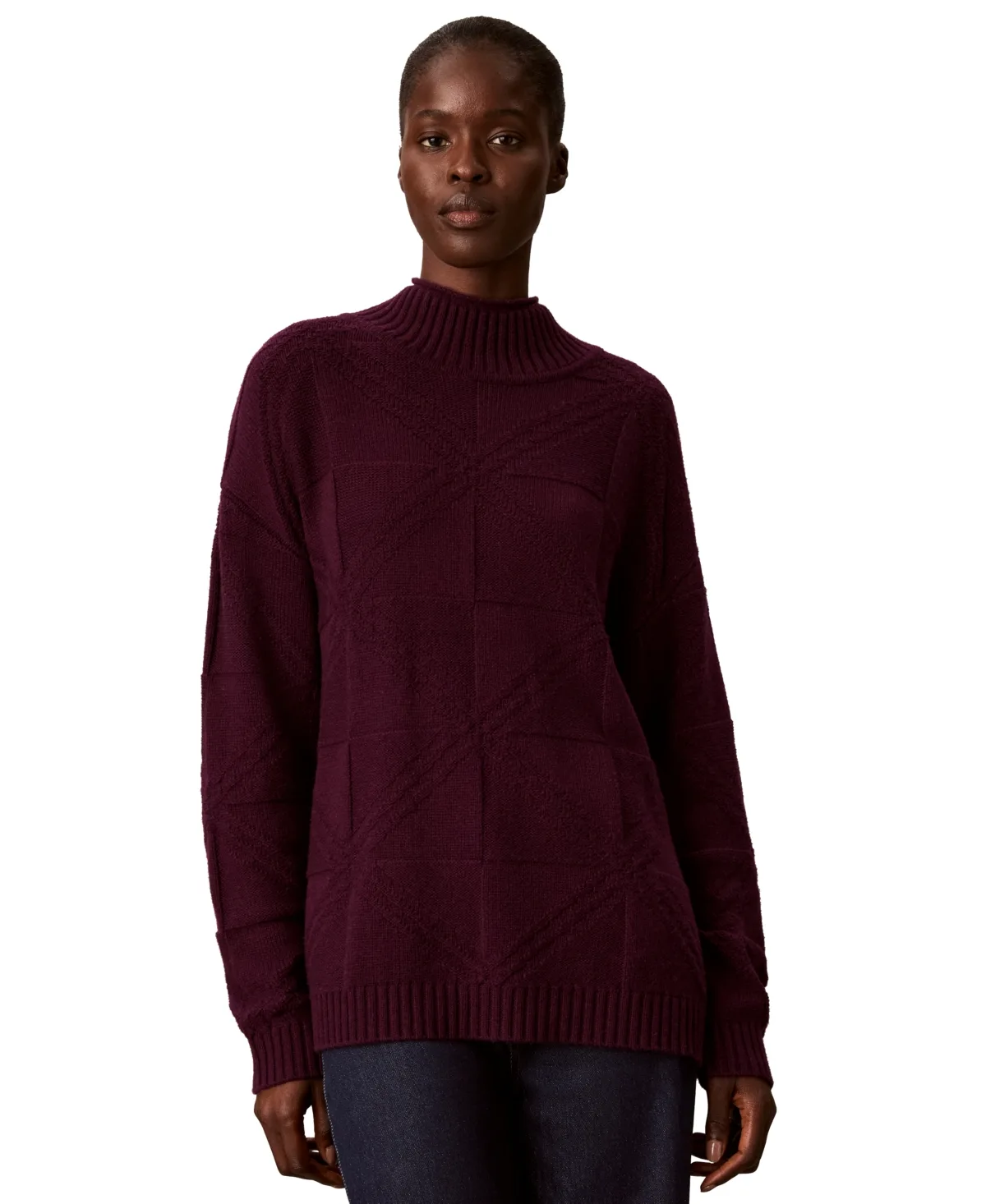 Mock-Neck Grid-Stitch Cashmere-Blend Pullover Sweater by Calvin Klein