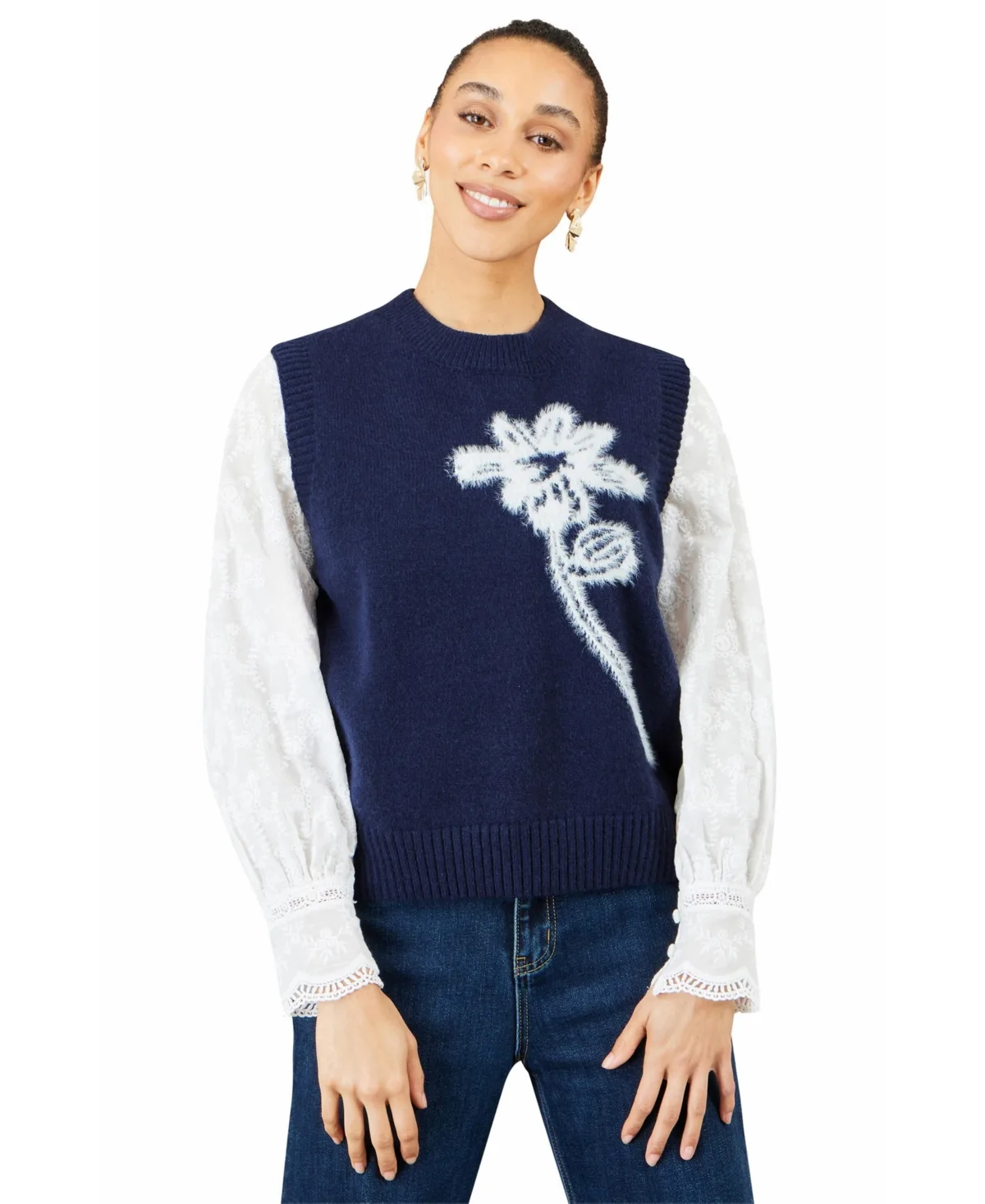 Crewneck Floral Sleeveless Sweater Vest by Yumi