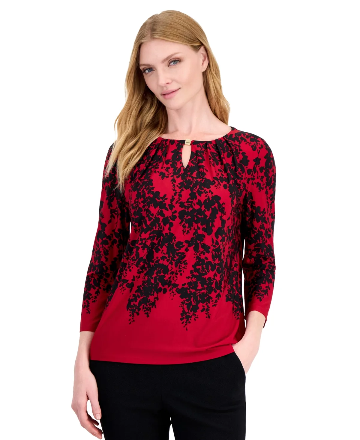 Scoop-Neck 3/4-Sleeve Keyhole Blouse by Kasper