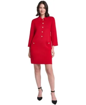 Collared Button Front Long Sleeve Midi Dress by Jessica Howard