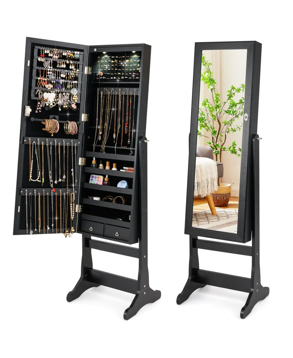 Lockable Freestanding Jewelry Cabinet Armoire with Full Length Mirror and Lights by Mecale