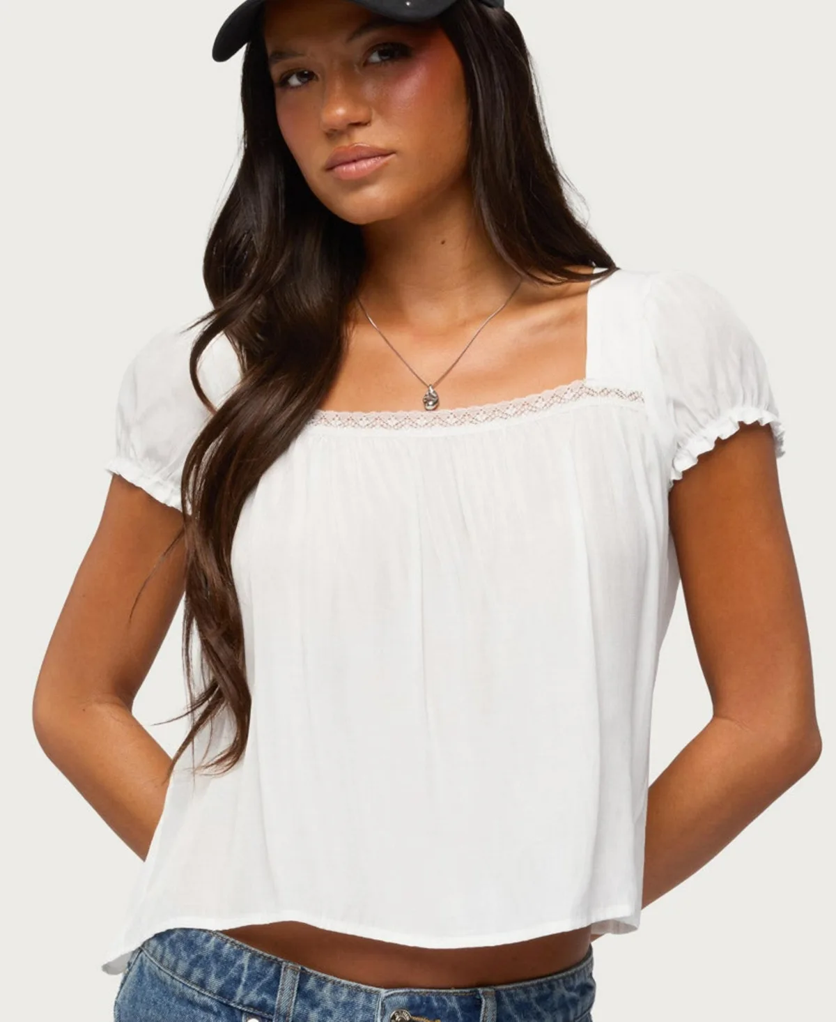 Nesta Short-Puff Sleeve Square Neck Lace-Trim Top by Edikted