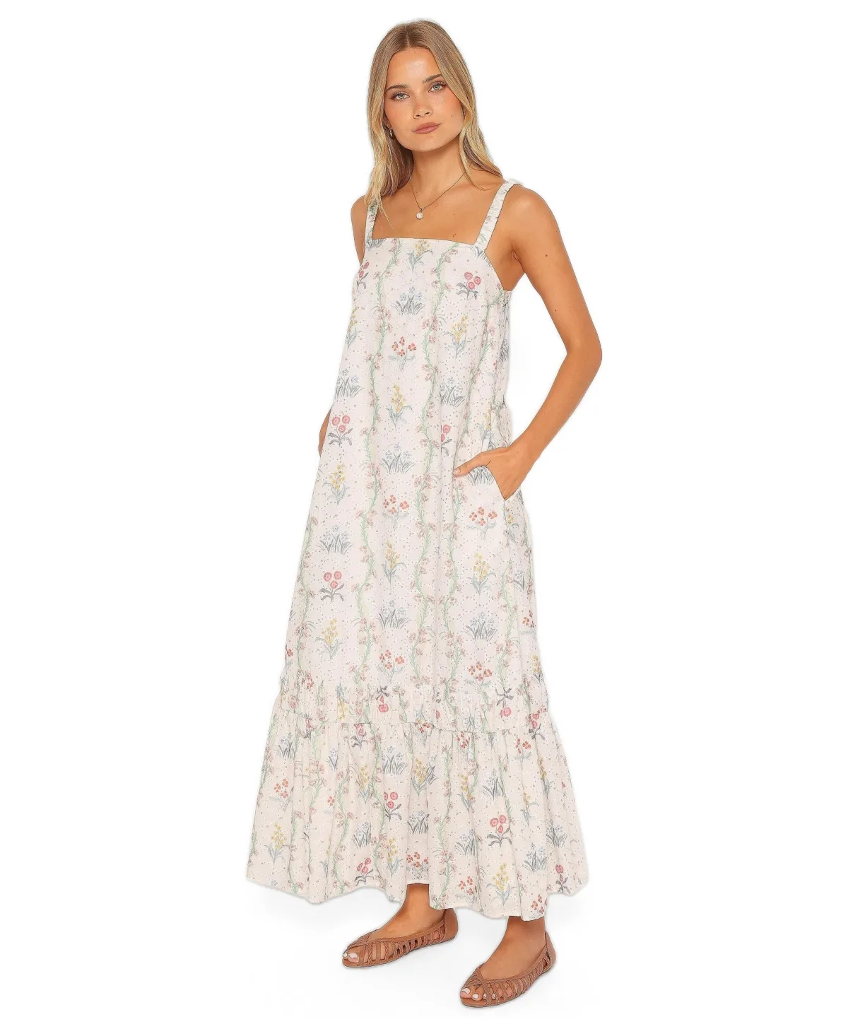 Kaira Square Neck Floral-Print Tiered Maxi Dress